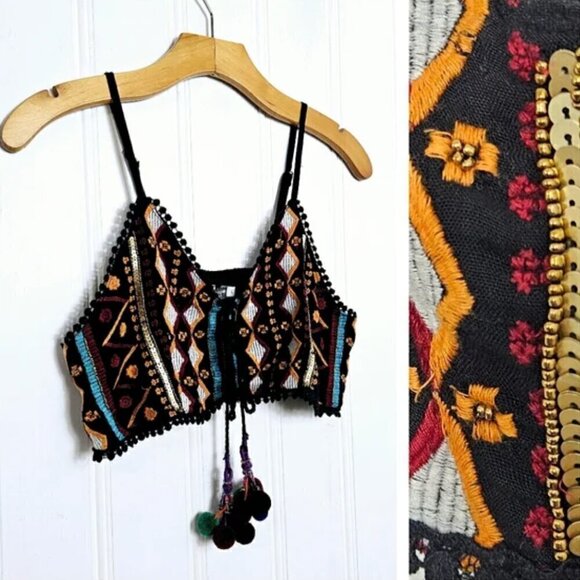Earthbound Boho Tank Top XL NWT Tribal Beaded Sequin Pompom Tassel Cropped Black - Picture 1 of 10